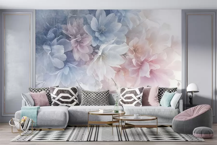 wall murals Меки текстурни цветни аранжман пастелних боја са великим, нежним цветовима у нијансама розе, плаве и беле  w08535