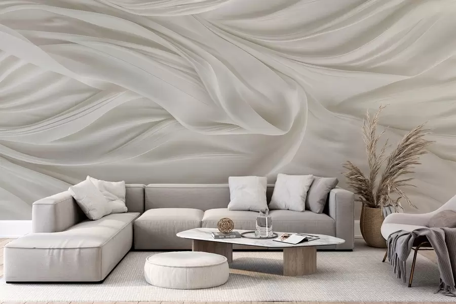 wall murals Модеран принт са имитацијом глатке, течне беле тканине са меким, таласастим наборима и наборима w08537