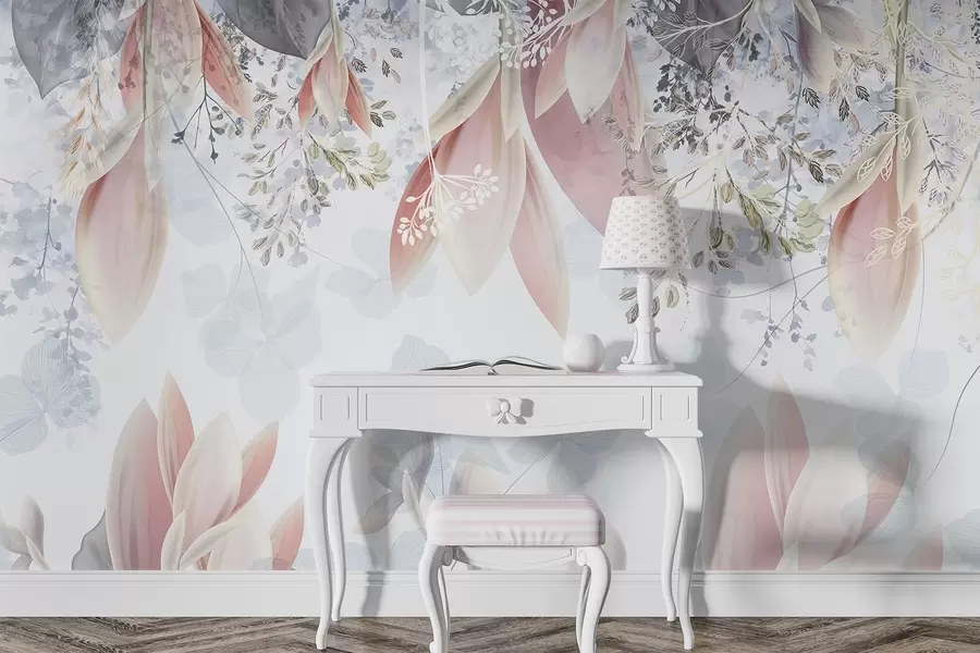 wall murals Меки цветни принт пастелних боја са деликатним латицама и листовима у нијансама розе, беле и сиве w08538