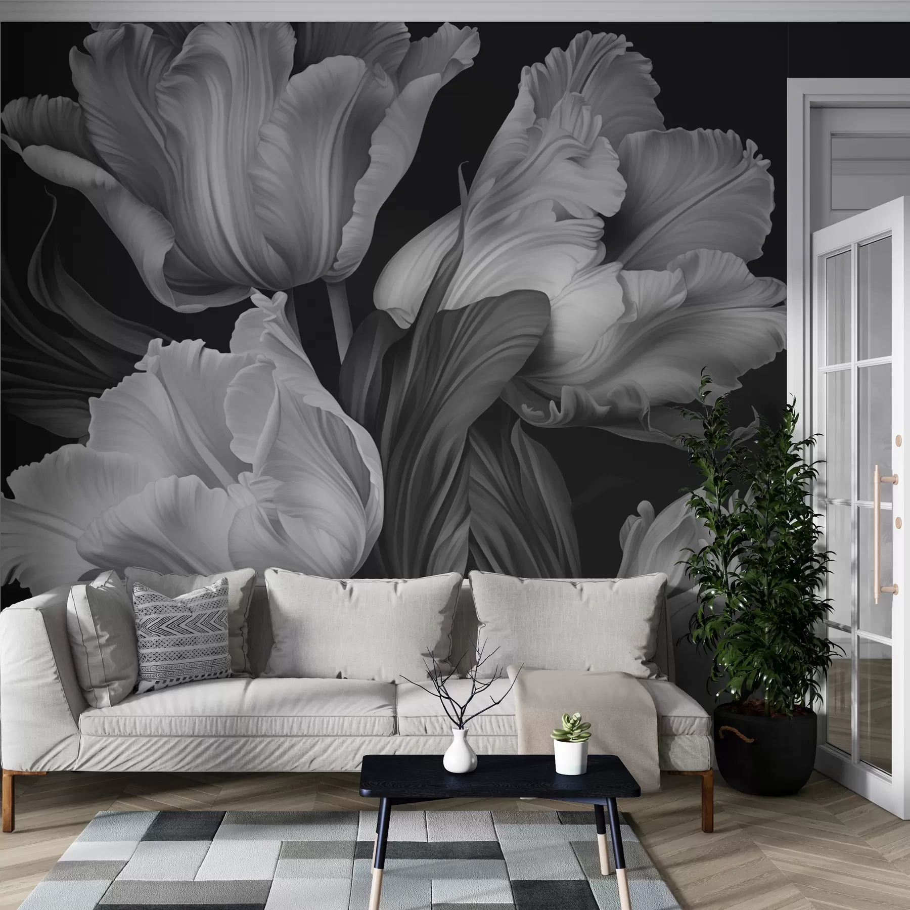 wall murals Црно-бели тулипани у фотореалистичком стилу w02557