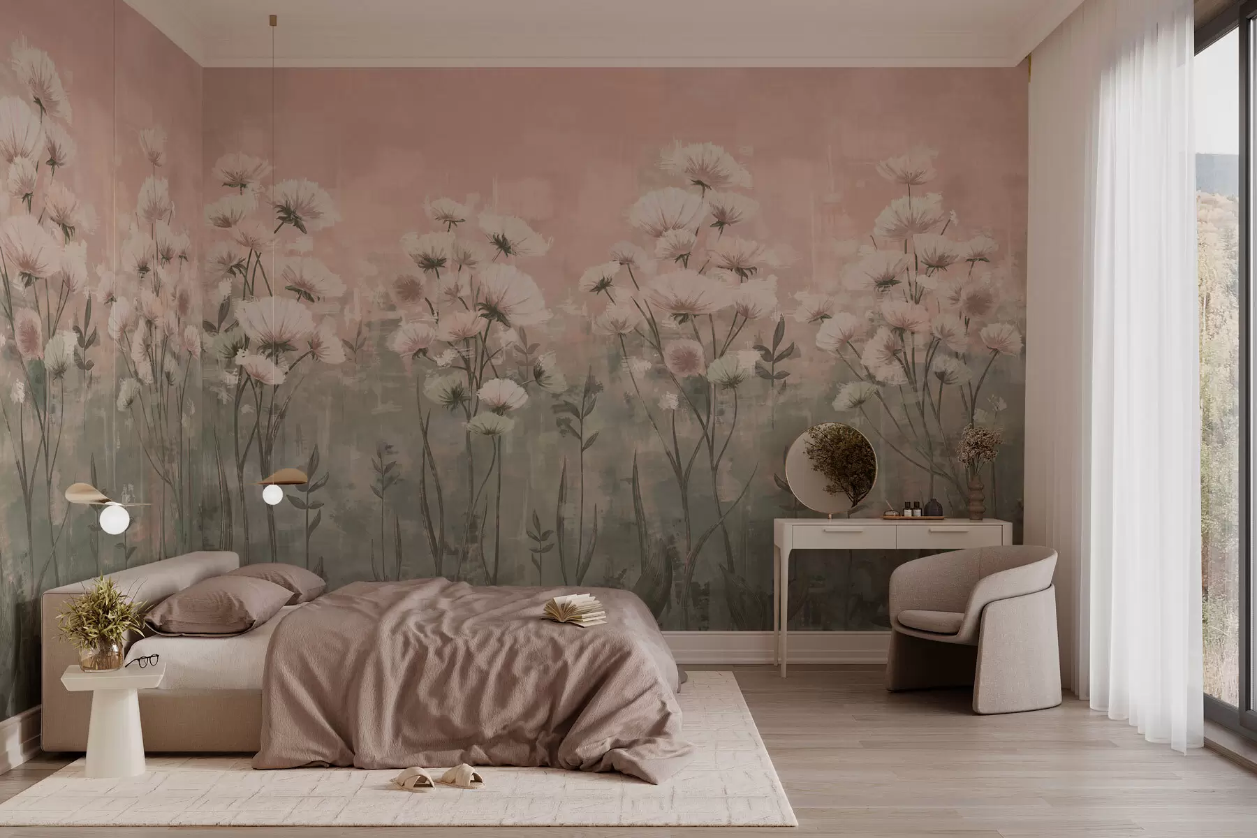 wall murals Нежно дивље цвеће са ефектом потеза четкице у розе w02629