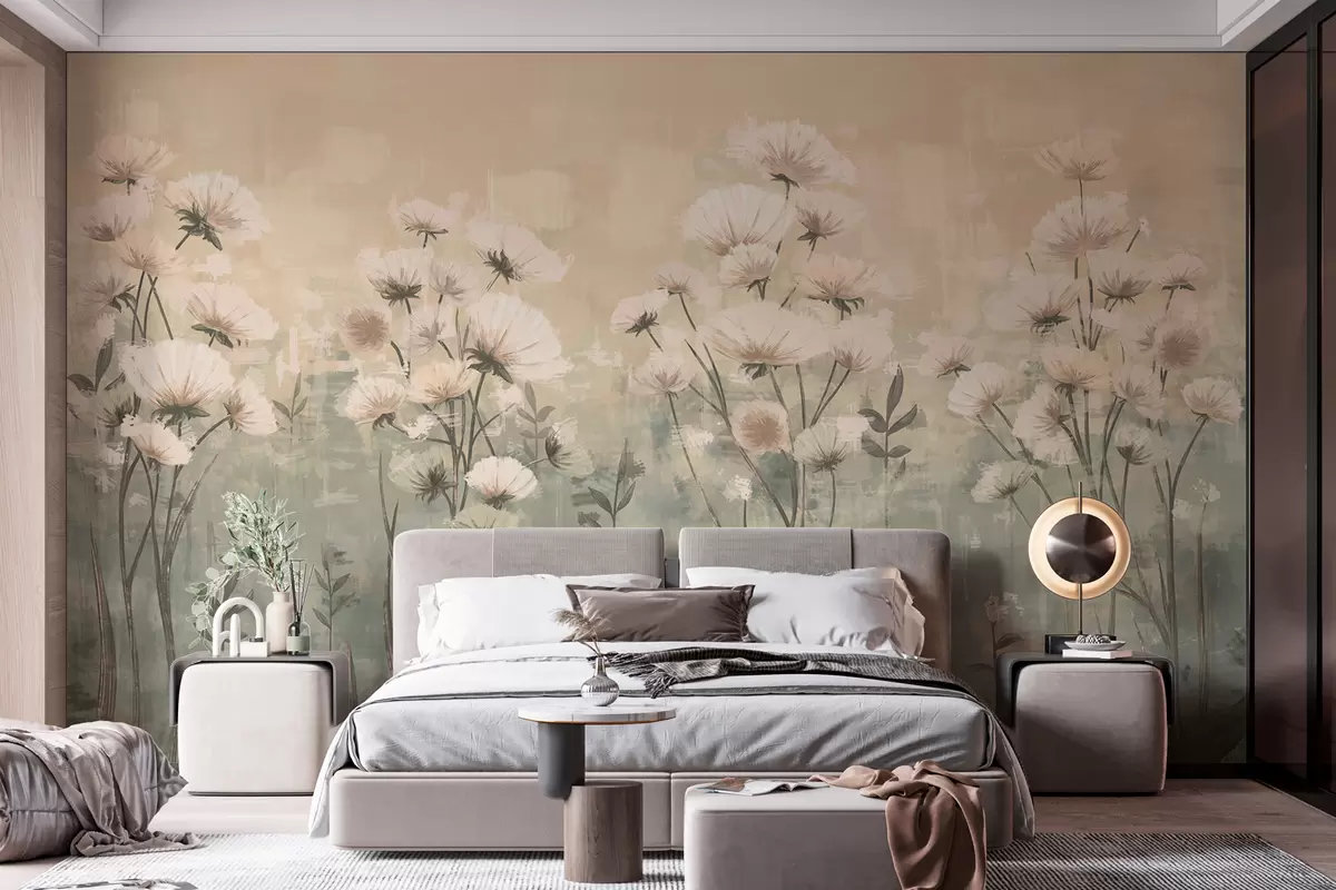 wall murals Нежно дивље цвеће са ефектом потеза четкице у жутој и беж боји w02629v1