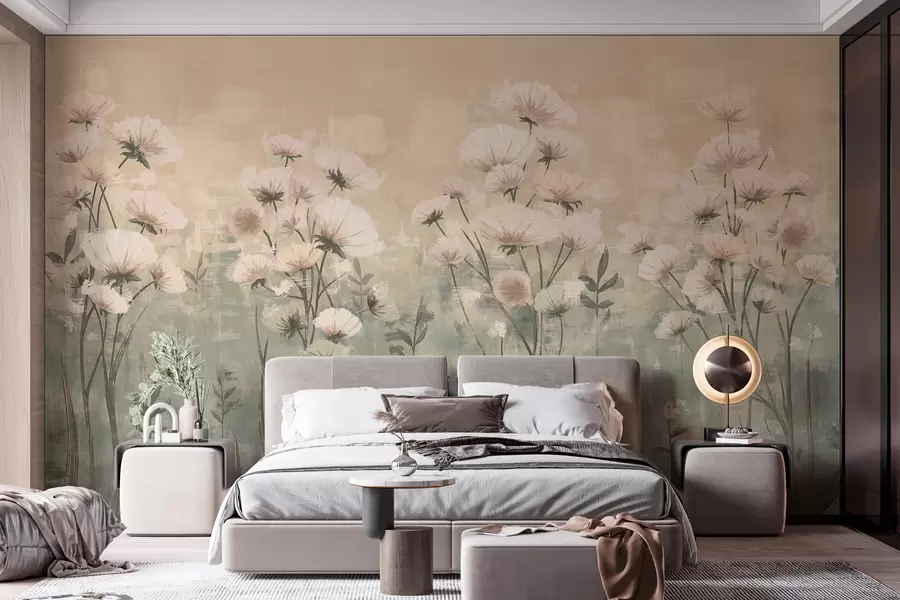 wall murals Нежно дивље цвеће са ефектом потеза четкице у жутој и беж боји w02629v1