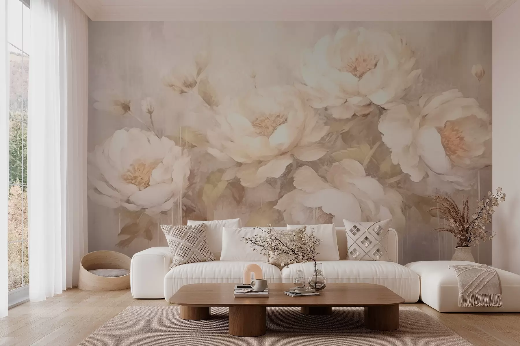 wall murals Бели божури на текстурираној позадини w02571