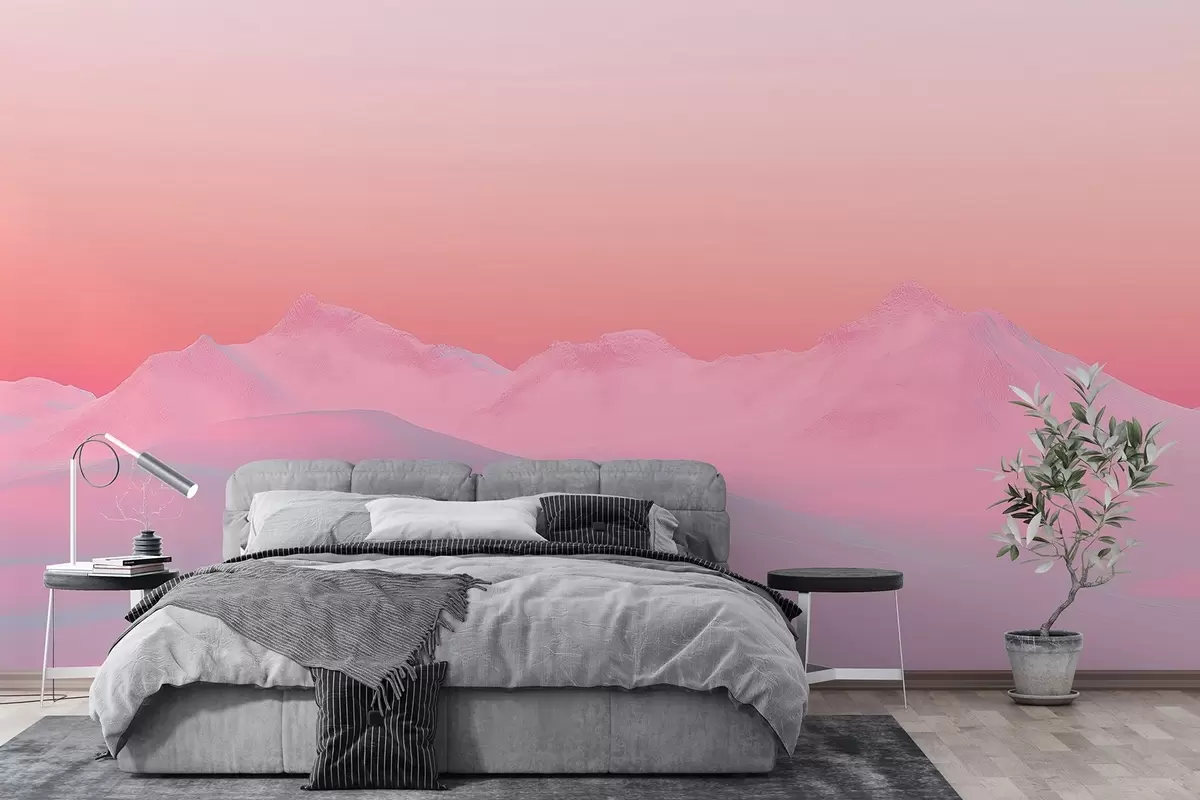 wall murals Меки залазак сунца у облику малине на позадини планина и неба w02234