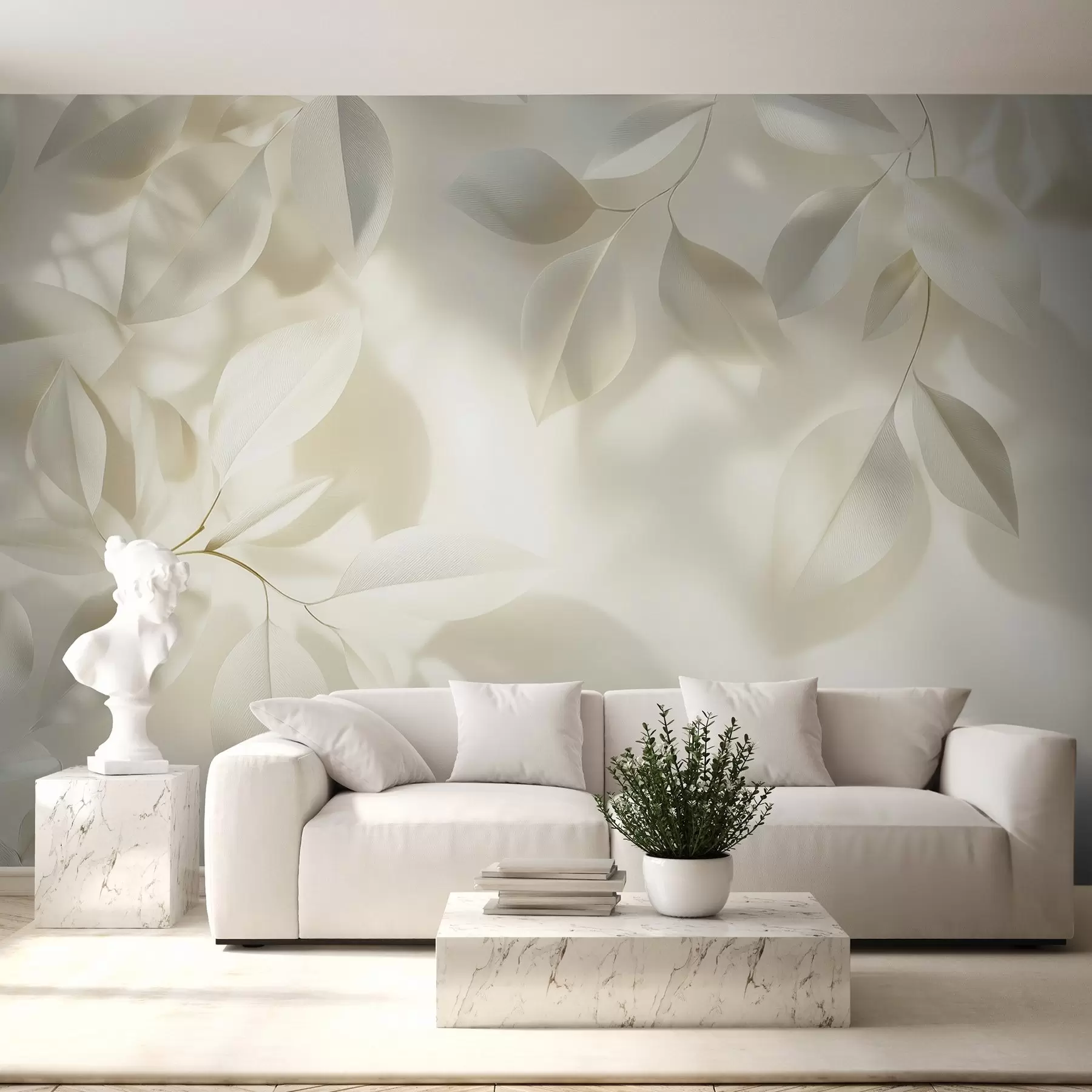 wall murals Висеће беле гране са лишћем уз зид са сунчевом светлошћу w08552