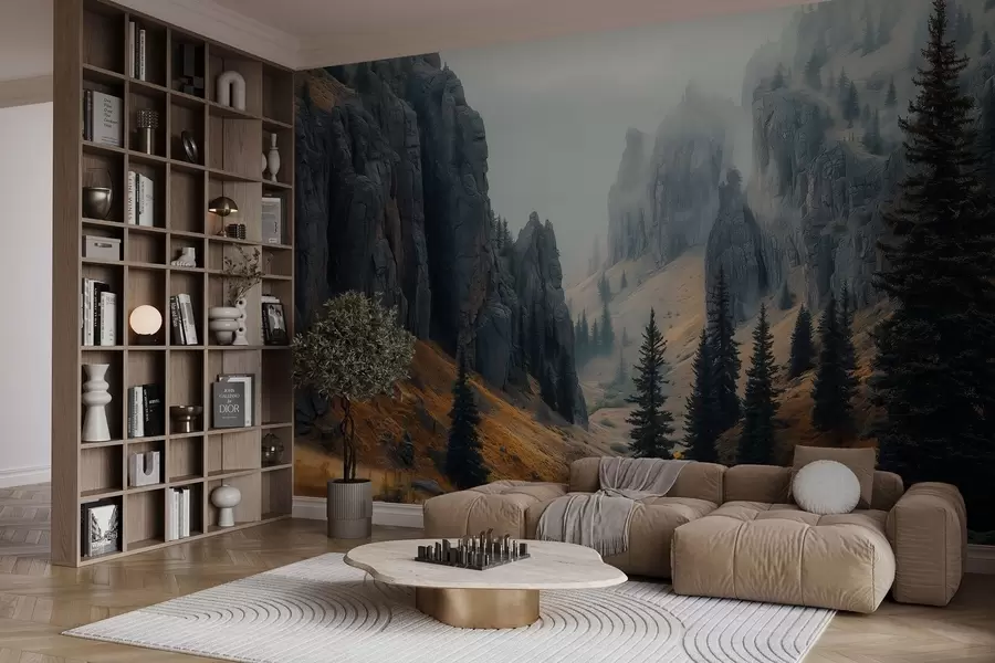 wall murals мистични пејзаж са стенама и јелама w02682