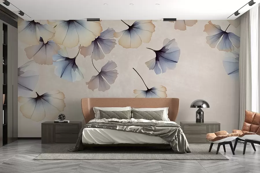 wall murals Пастелно плаво и беж лишће гинка са деликатним латицама које лебде у ваздуху на текстурној позадини w08578