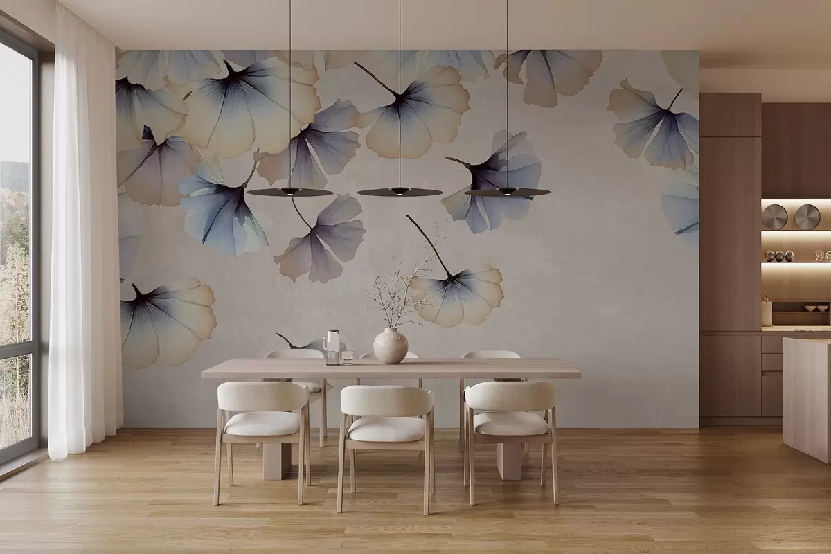 wall murals Пастелно плаво и беж лишће гинка са деликатним латицама које лебде у ваздуху на текстурној позадини w08578