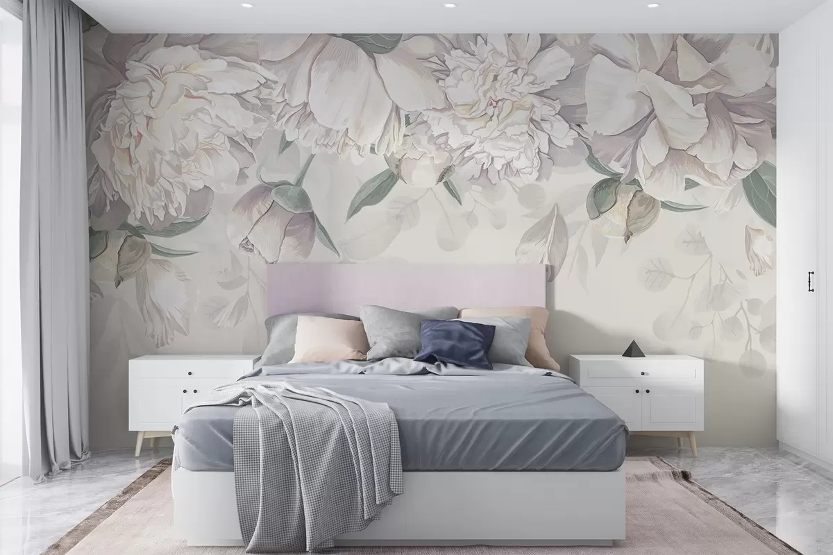 wall murals Нежни бели и розе пастелни божури са зеленим листовима, распоређени у мекој, романтичној цветној позадини w08577