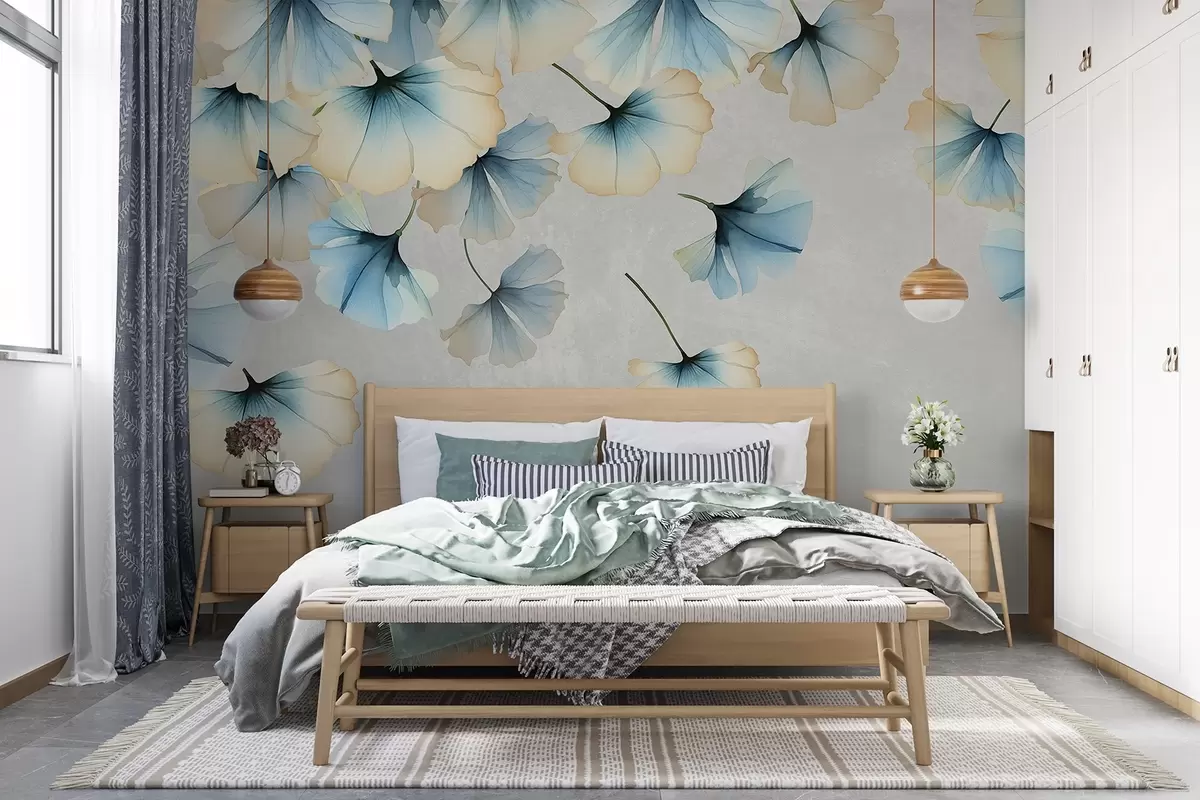 wall murals Пастелно плаво и жуто лишће гинка са деликатним латицама које лебде у ваздуху на текстурној позадини w08578v1