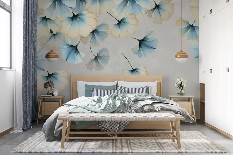 wall murals Пастелно плаво и жуто лишће гинка са деликатним латицама које лебде у ваздуху на текстурној позадини w08578v1