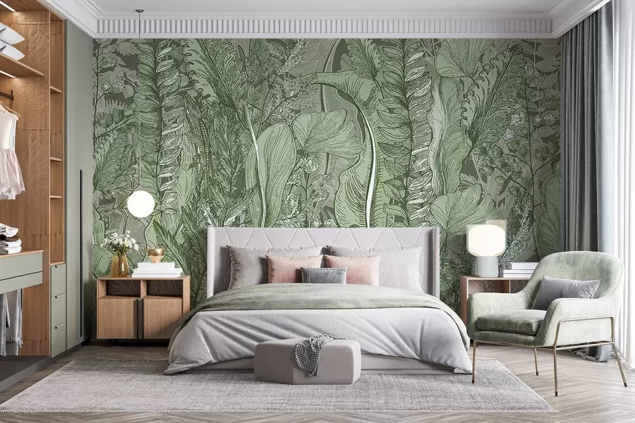 wall murals Бујна, зелена шума са разним врстама папрати, лишћа и лишћа у нијансама зелене  w08579