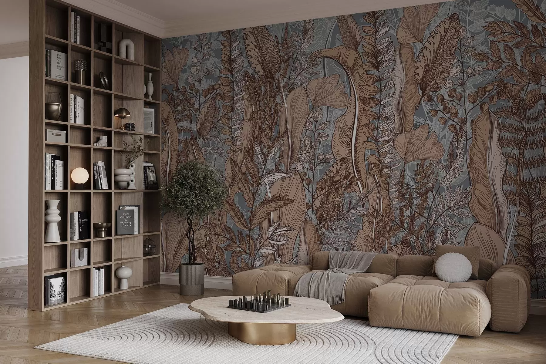 wall murals Бујна, зелена шума са разним врстама папрати, лишћа и лишћа у нијансама браон, плаве и сиве w08579v1