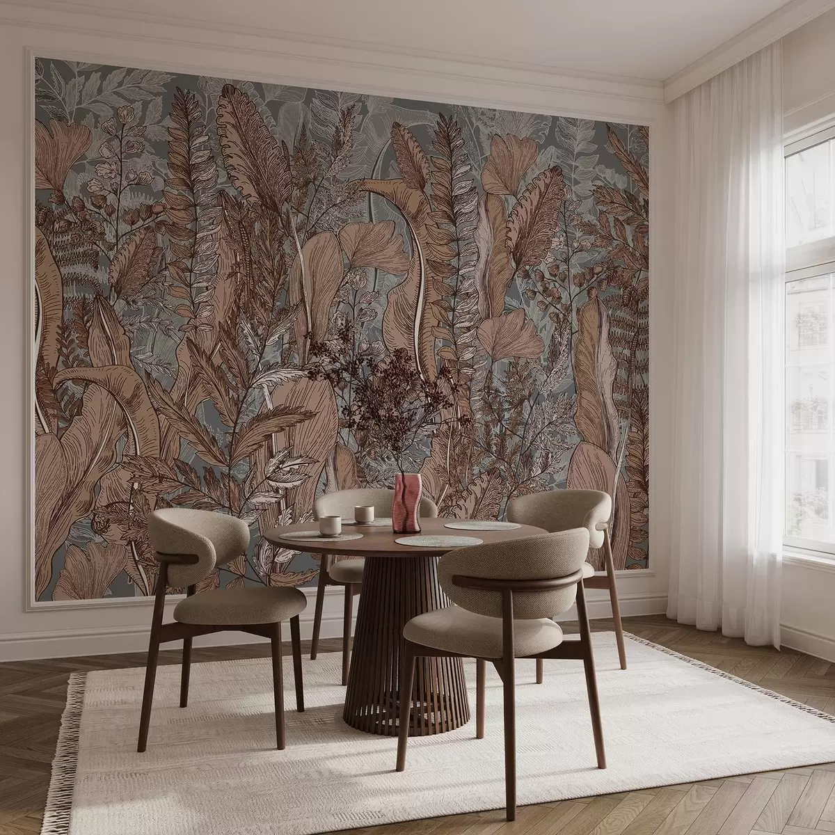 wall murals Бујна, зелена шума са разним врстама папрати, лишћа и лишћа у нијансама браон, плаве и сиве w08579v1