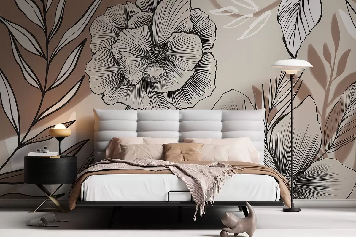 wall murals Велико црно-бело графичко цвеће са детаљним листовима на беж апстрактној позадини w08580