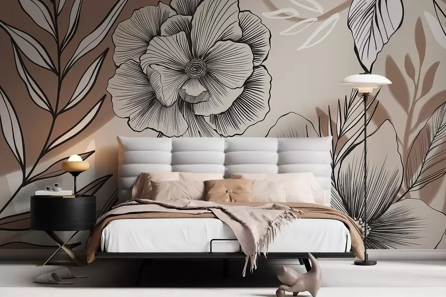 wall murals Велико црно-бело графичко цвеће са детаљним листовима на беж апстрактној позадини w08580