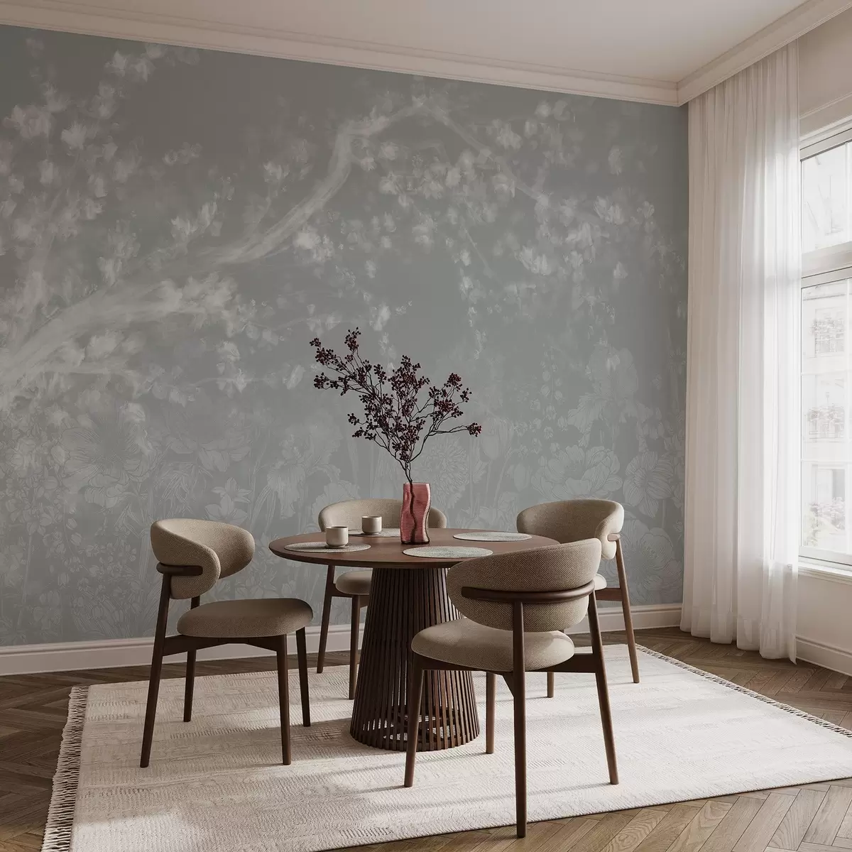wall murals Замућен, ван фокуса отисак са белим магловитим гранама дрвета са меком светлом цветном позадином  w08581