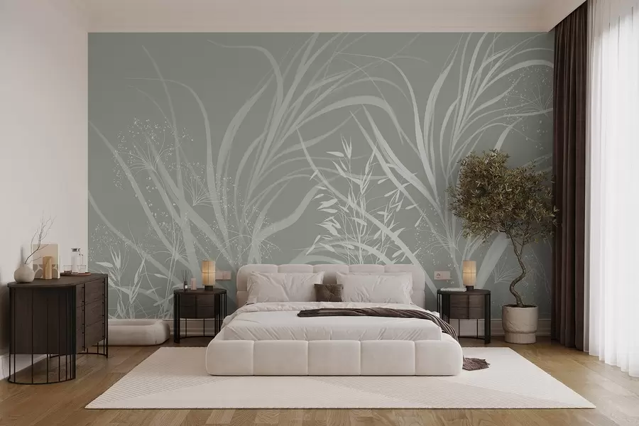 wall murals Деликатни модеран минималистички бели цветни принт на светлој пастелно-зеленој позадини w08583v1