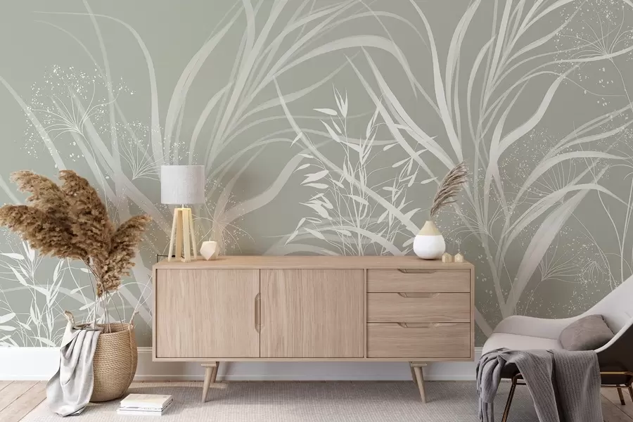 wall murals Деликатни модеран минималистички бели цветни принт на светлој пастелно-зеленој позадини w08583v1