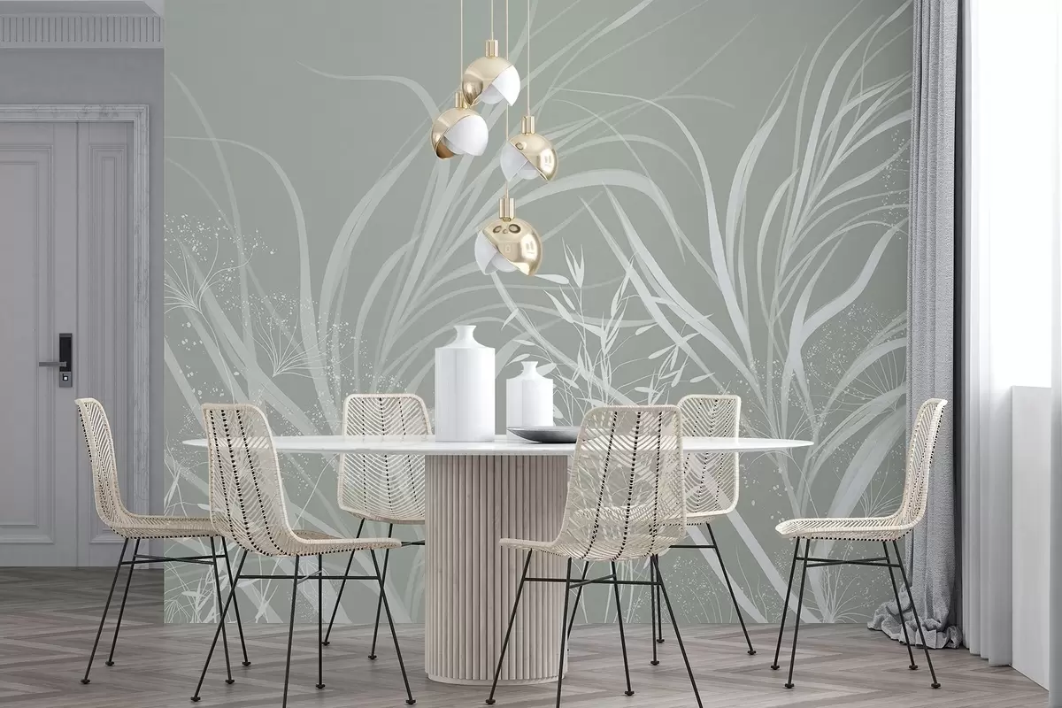 wall murals Деликатни модеран минималистички бели цветни принт на светлој пастелно-зеленој позадини w08583v1