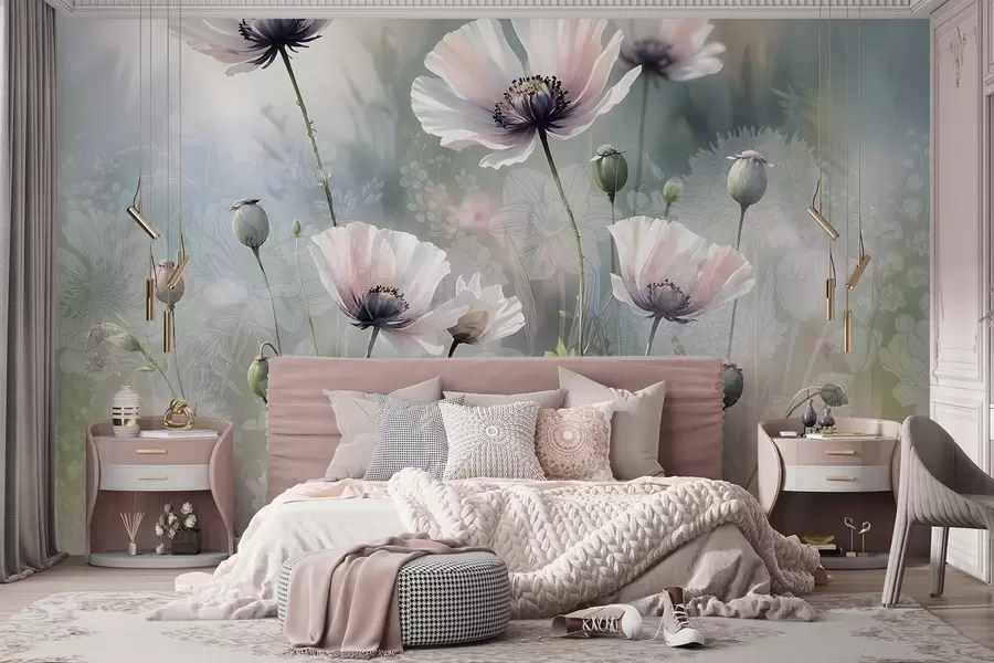 wall murals Нежни ружичасти и љубичасти мак са зеленим стабљикама и пупољцима на мекој, замућеној текстурираној позадини w08585