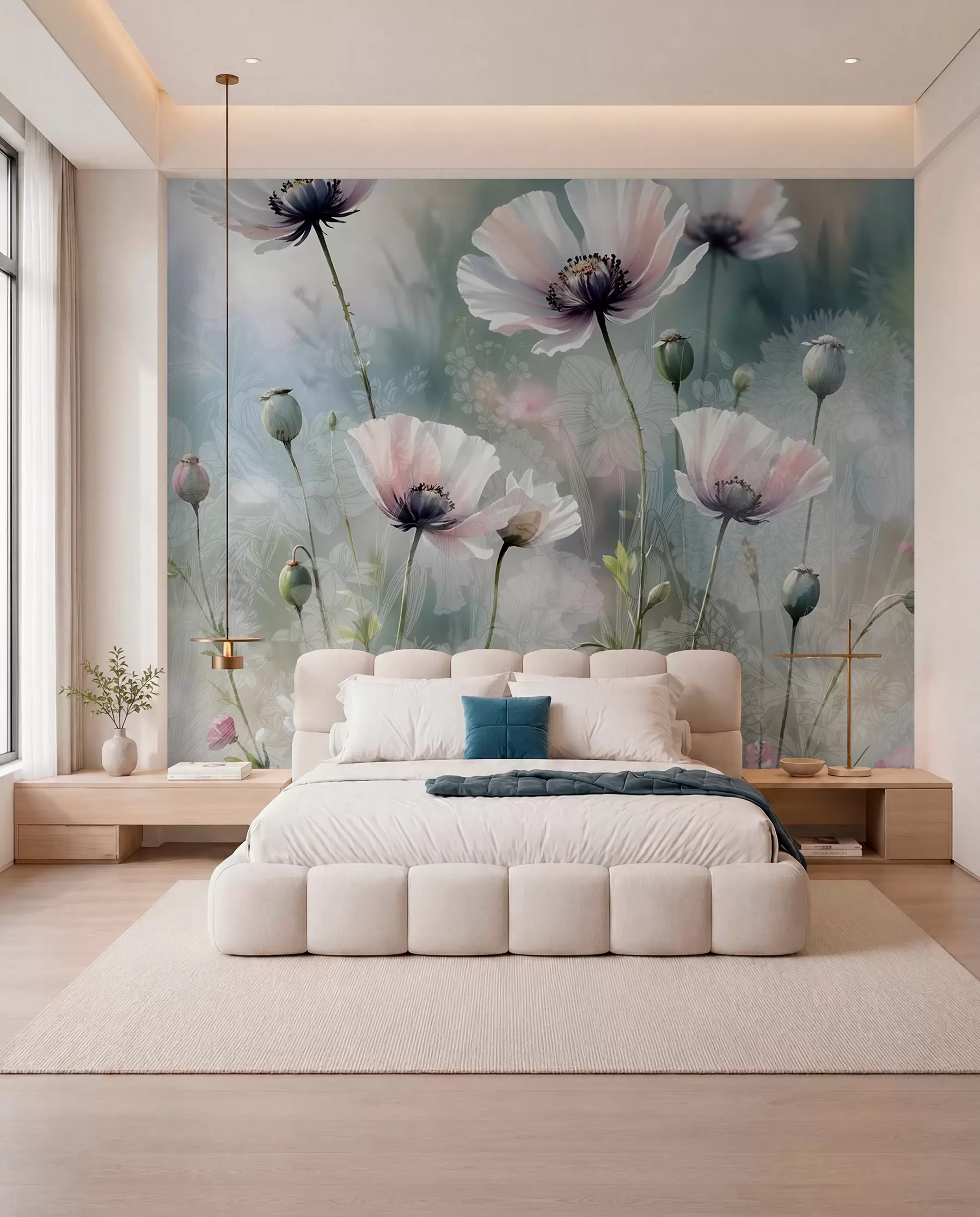 wall murals Нежни ружичасти и љубичасти мак са зеленим стабљикама и пупољцима на мекој, замућеној текстурираној позадини w08585