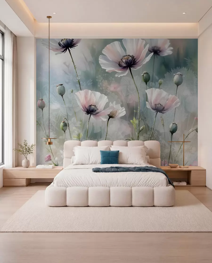 wall murals Нежни ружичасти и љубичасти мак са зеленим стабљикама и пупољцима на мекој, замућеној текстурираној позадини w08585