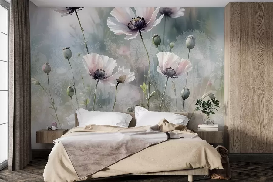 wall murals Нежни ружичасти и љубичасти мак са зеленим стабљикама и пупољцима на мекој, замућеној текстурираној позадини w08585