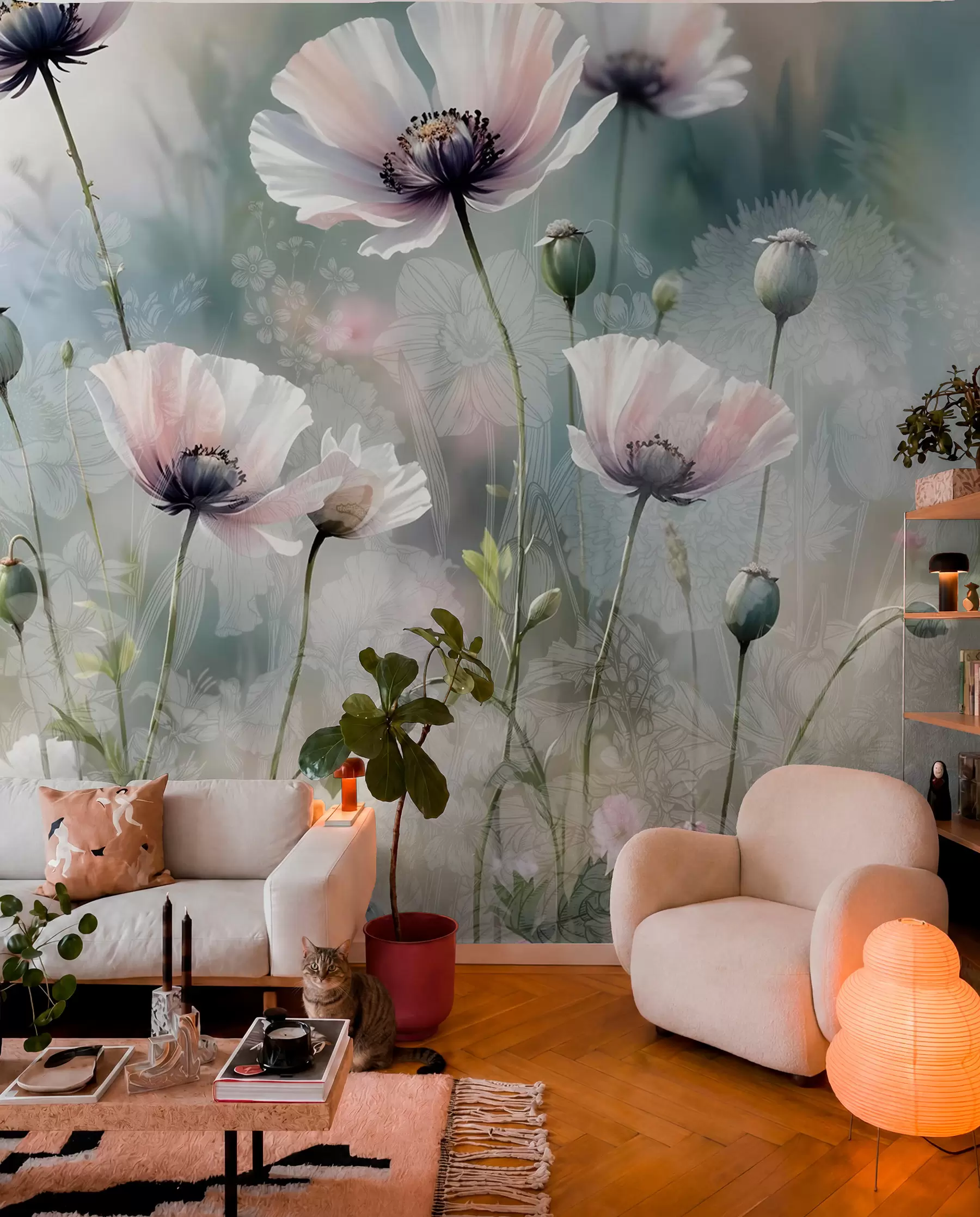 wall murals Нежни ружичасти и љубичасти мак са зеленим стабљикама и пупољцима на мекој, замућеној текстурираној позадини w08585