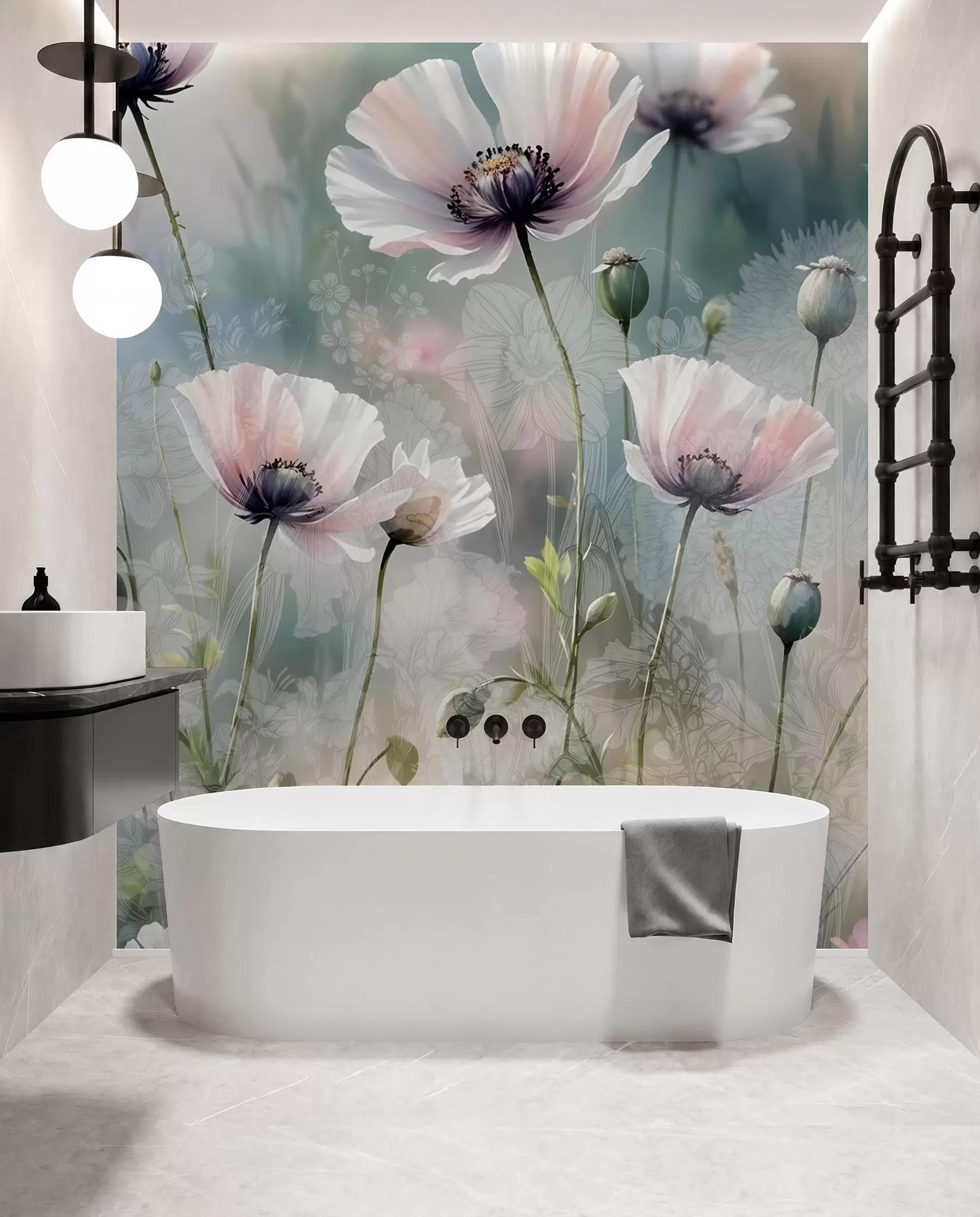 wall murals Нежни ружичасти и љубичасти мак са зеленим стабљикама и пупољцима на мекој, замућеној текстурираној позадини w08585