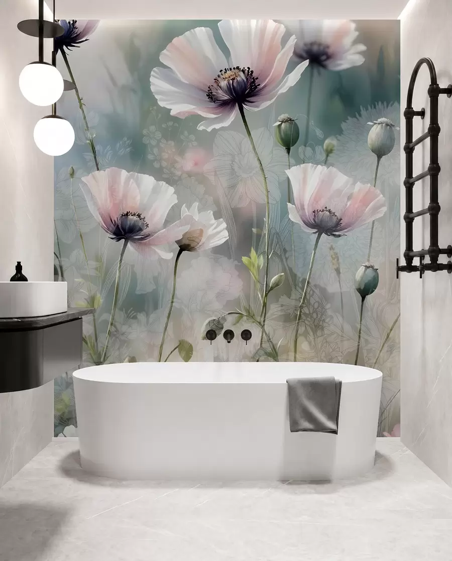 wall murals Нежни ружичасти и љубичасти мак са зеленим стабљикама и пупољцима на мекој, замућеној текстурираној позадини w08585