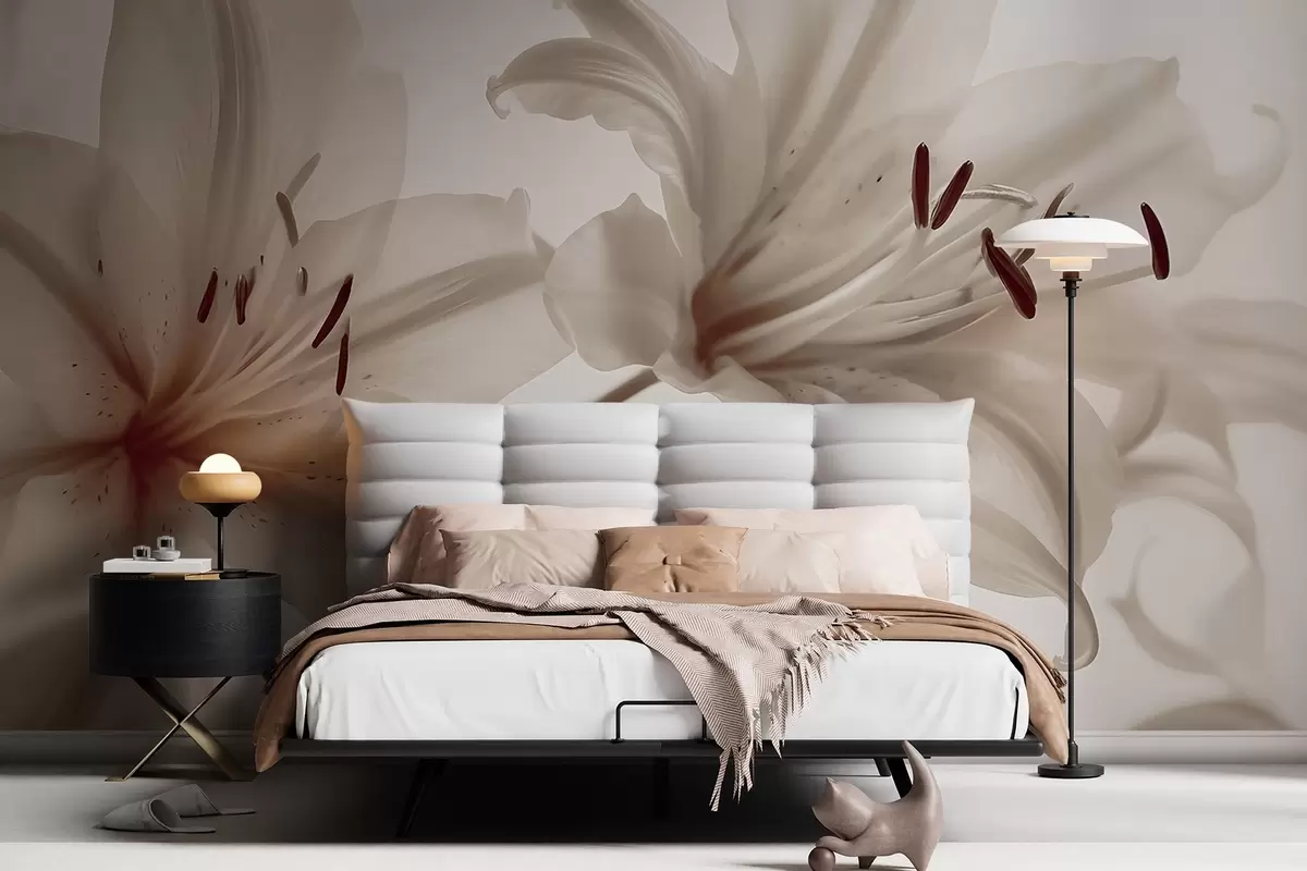 wall murals Меки фокус крупни план беж минималистичких цветова љиљана на светлој позадини w08586v1