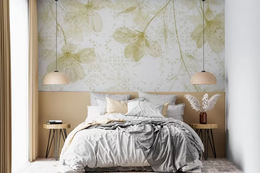 wall murals Нежно жуто и бело цвеће са дугим стабљикама и латицама на мекој, замућеној текстурној позадини w08588v2