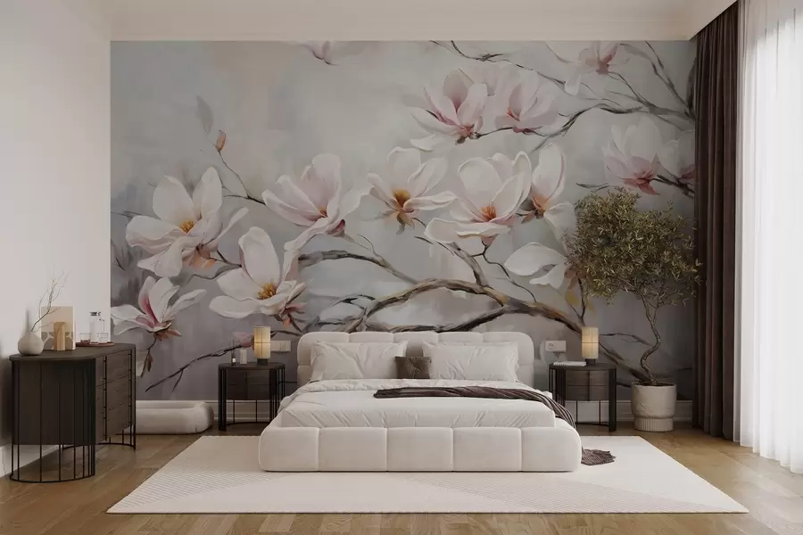 wall murals Нежни ружичасти цветови магнолије цветају на голим гранама дрвећа на мекој, магловитој позадини w08589