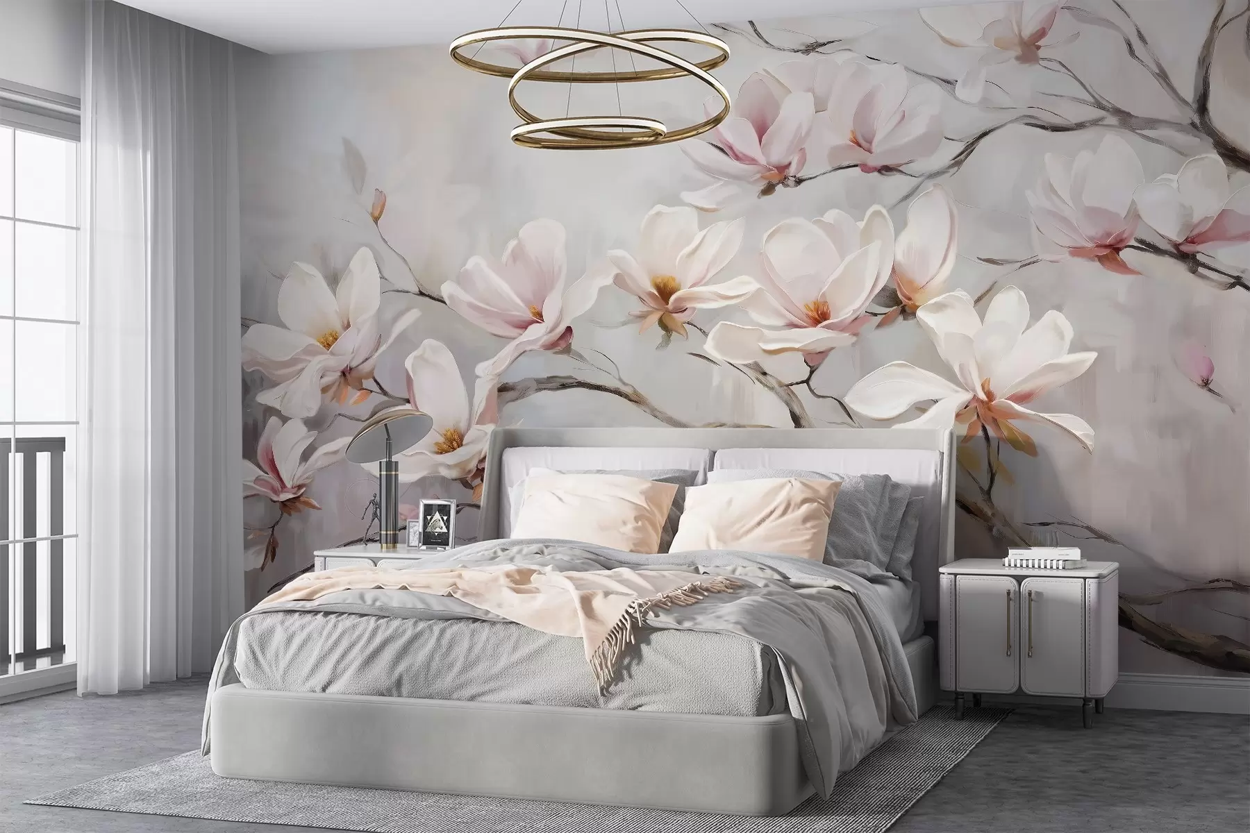 wall murals Нежни ружичасти цветови магнолије цветају на голим гранама дрвећа на мекој, магловитој позадини w08589