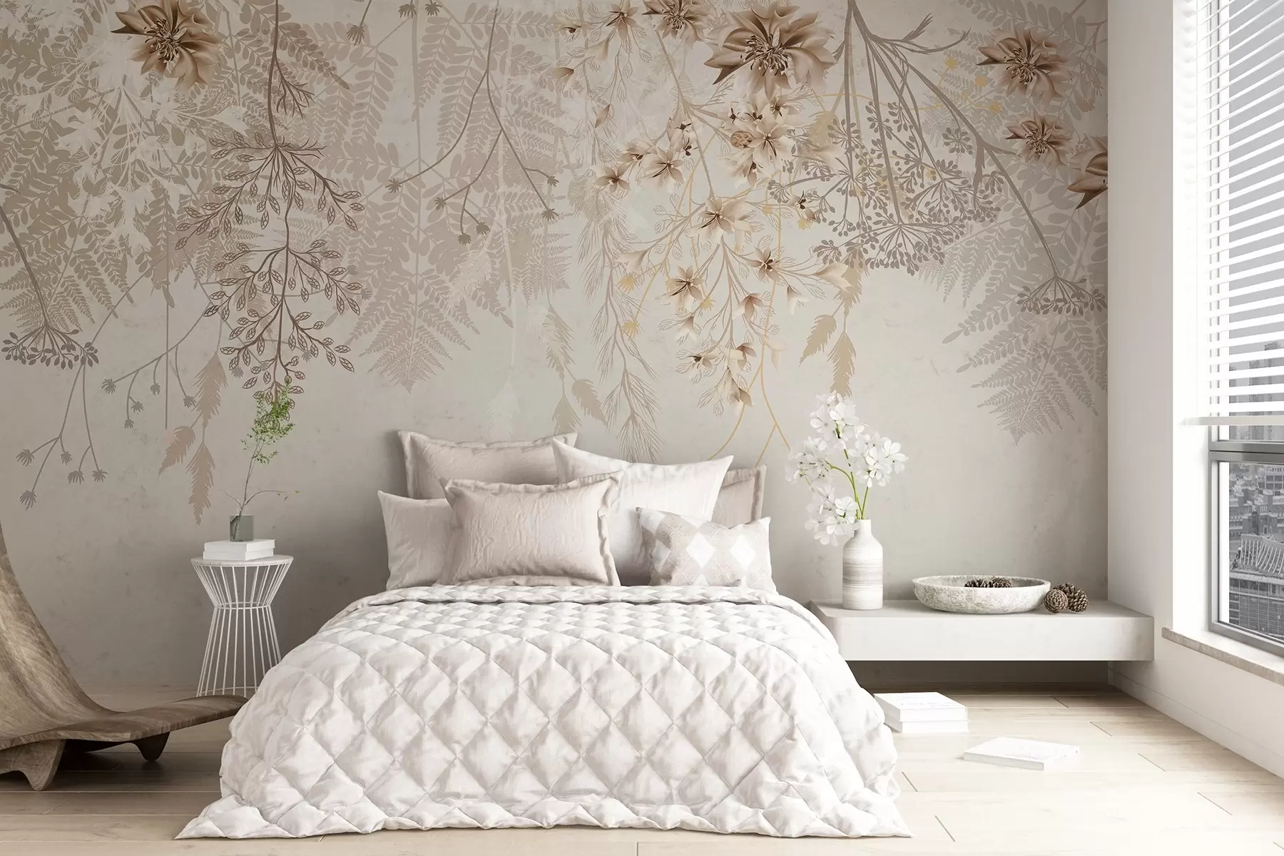 wall murals Нежне цветне гране и трава са белим, сивим и беж цветовима који се спуштају низ светлу позадину w08598