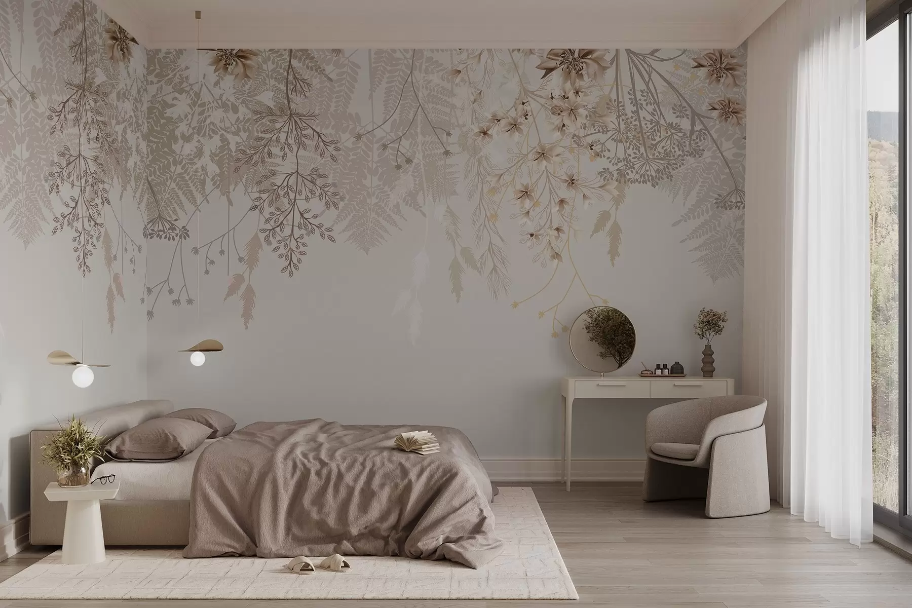 wall murals Нежне цветне гране и трава са белим, сивим и беж цветовима који се спуштају низ светлу позадину w08598