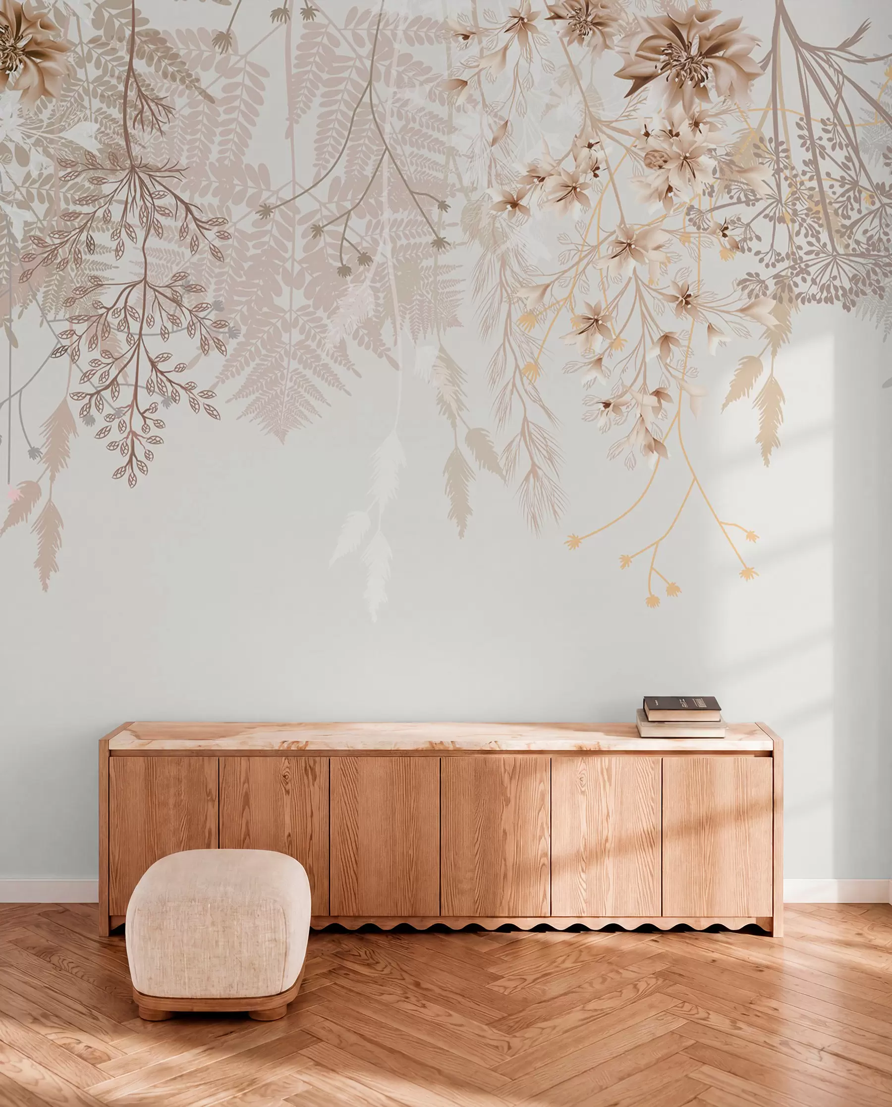 wall murals Нежне цветне гране и трава са белим, сивим и беж цветовима који се спуштају низ светлу позадину w08598