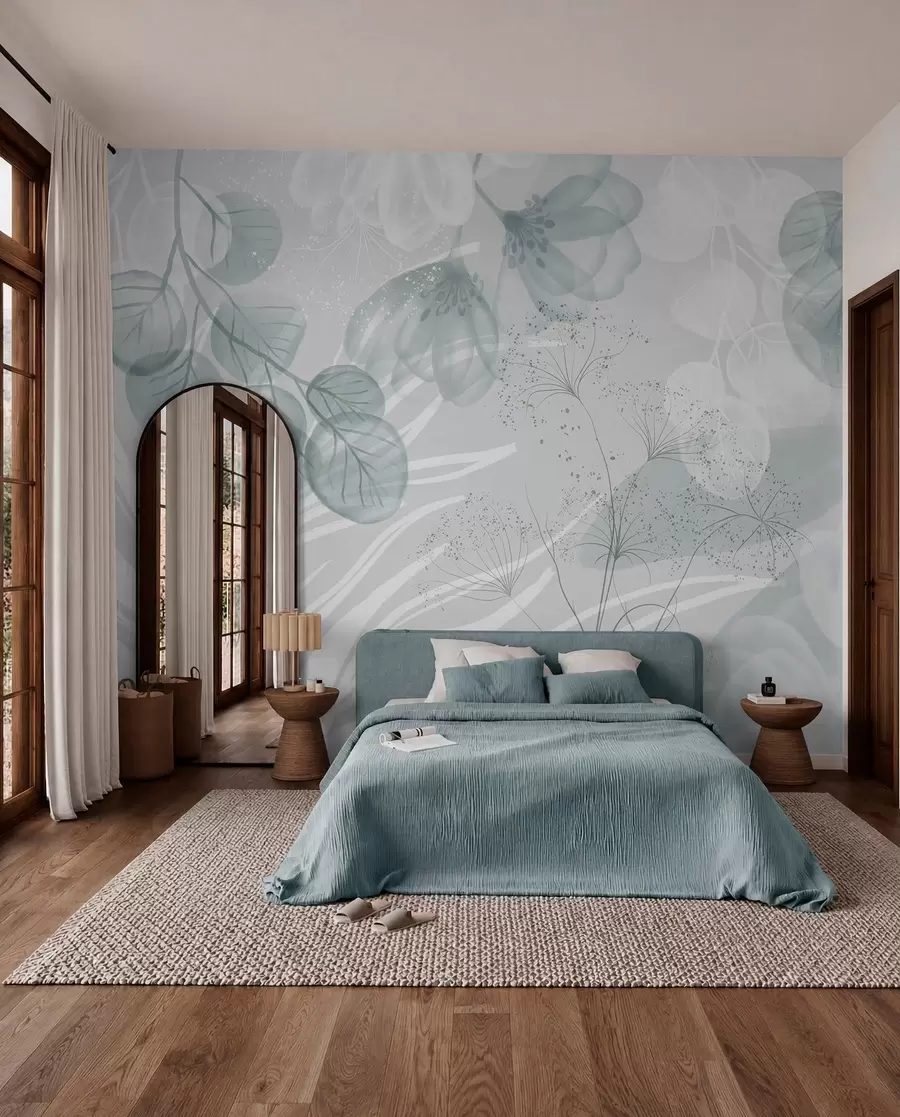 wall murals Цвјетни елементи еукалиптуса у нијансама плаве и бијеле са преклапајућим листовима и латицама у минималистичком стилу w08599