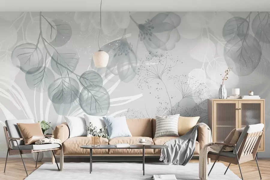 wall murals Цвјетни елементи еукалиптуса у нијансама плаве и бијеле са преклапајућим листовима и латицама у минималистичком стилу w08599