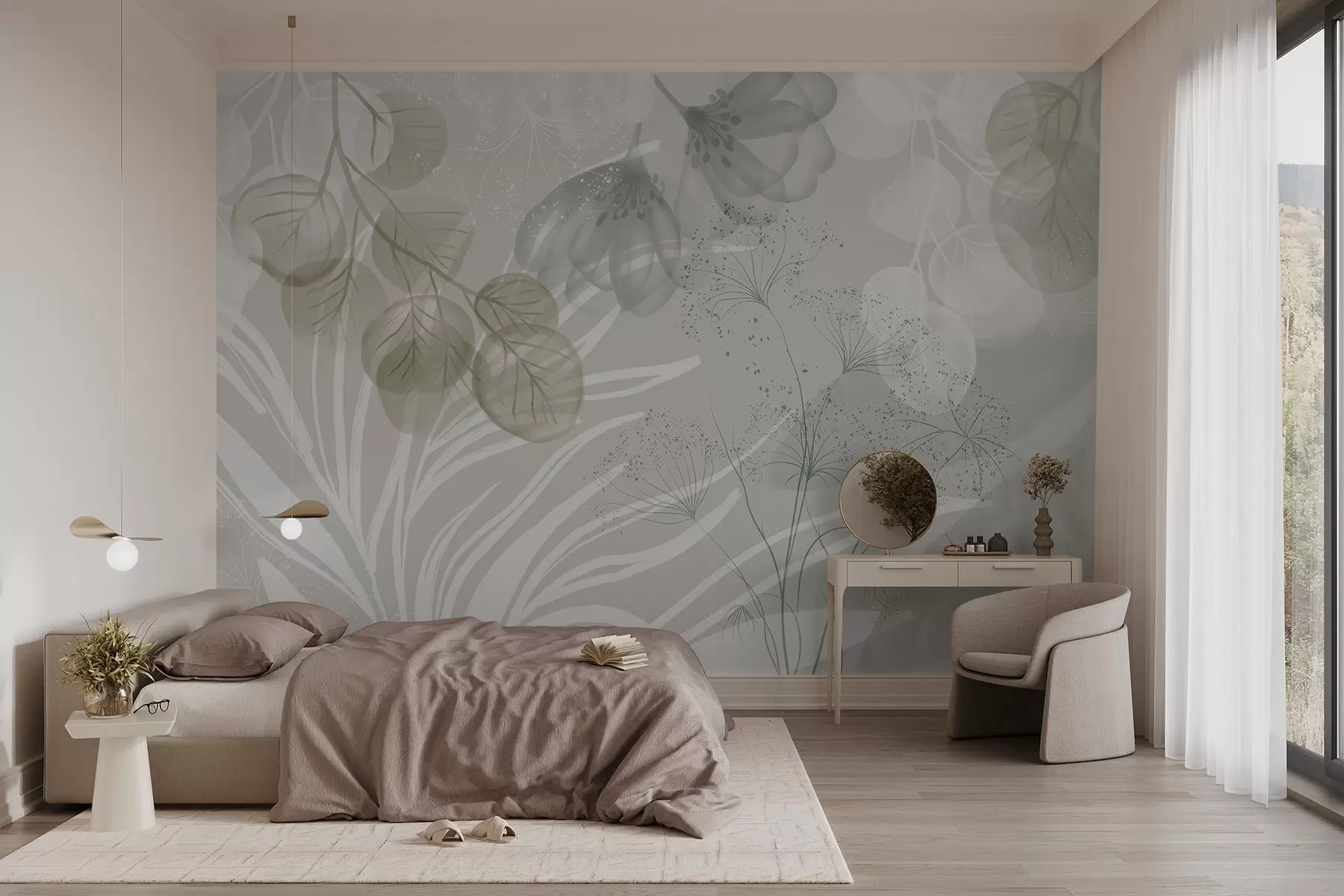 wall murals Цветни елементи еукалиптуса у нијансама зелене и беле са преклапајућим листовима и латицама у минималистичком стилу w08599v1