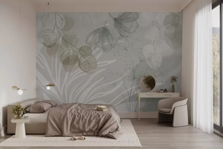 wall murals Цветни елементи еукалиптуса у нијансама зелене и беле са преклапајућим листовима и латицама у минималистичком стилу w08599v1