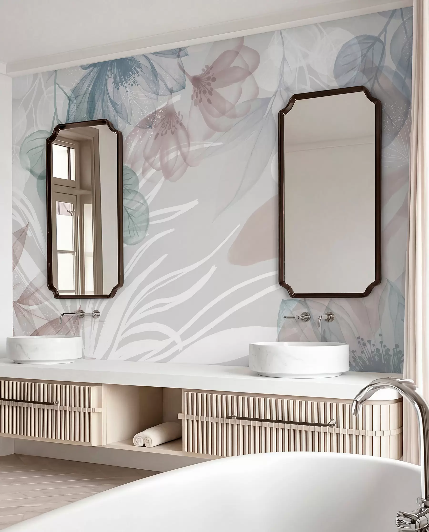 wall murals Цветни принт пастелних боја са провидним великим апстрактним цветовима и листовима у нијансама сиве, розе и зелене w08600