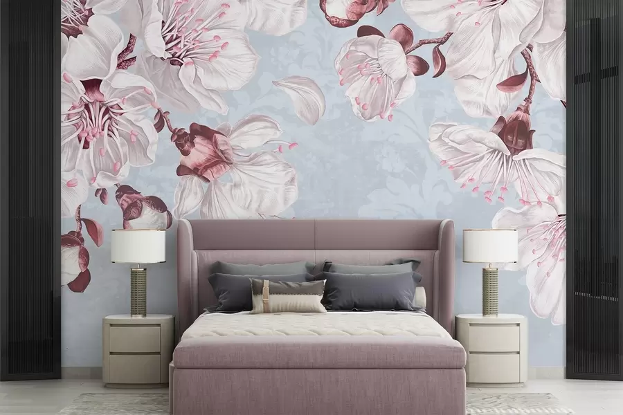 wall murals Цветни принт са великим ружичастим и белим цветовима трешње на светло плавој текстурној позадини w08601