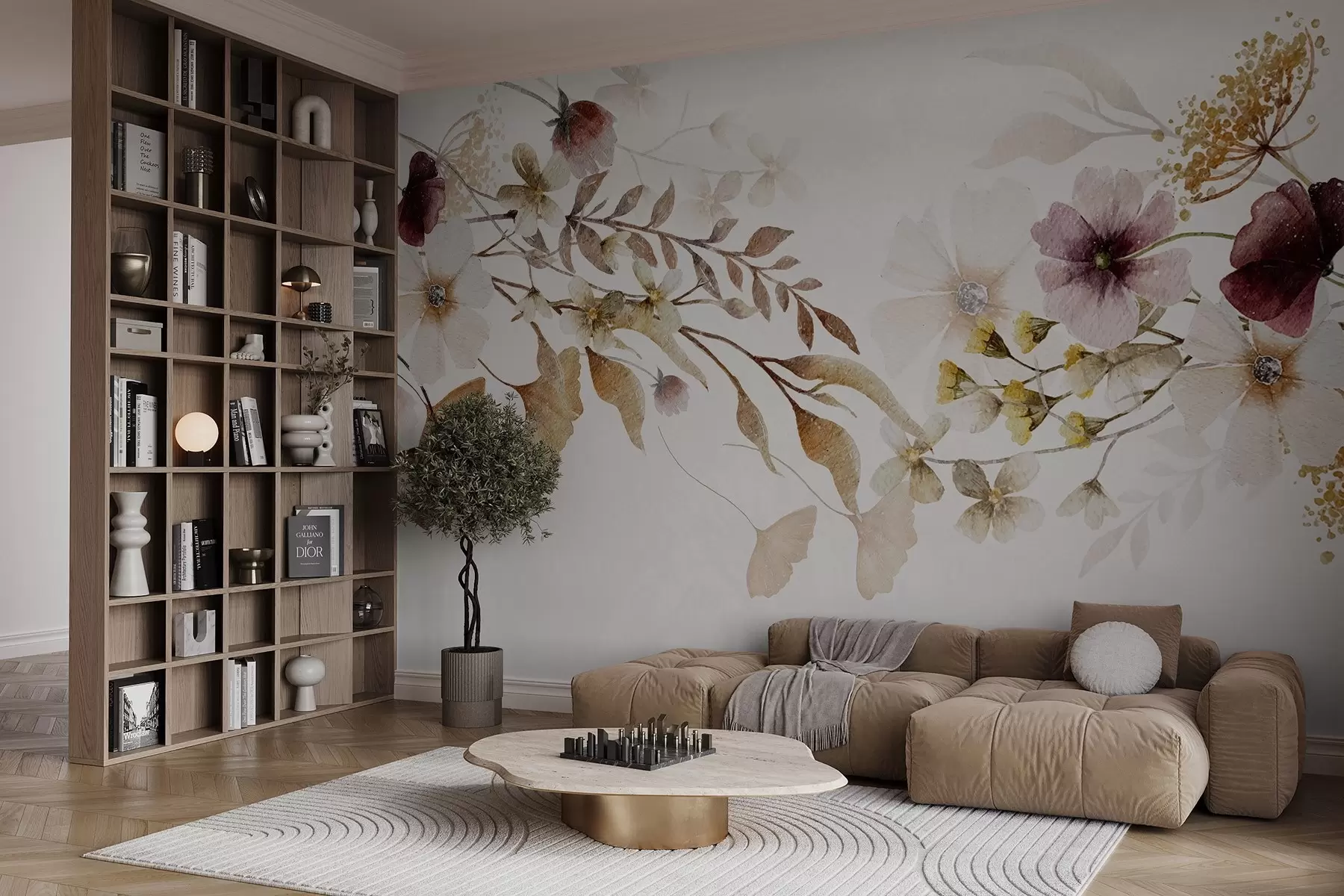 wall murals Цветни аранжман меких, пригушених боја са беж и белим цветовима и листовима на светлој позадини w08603