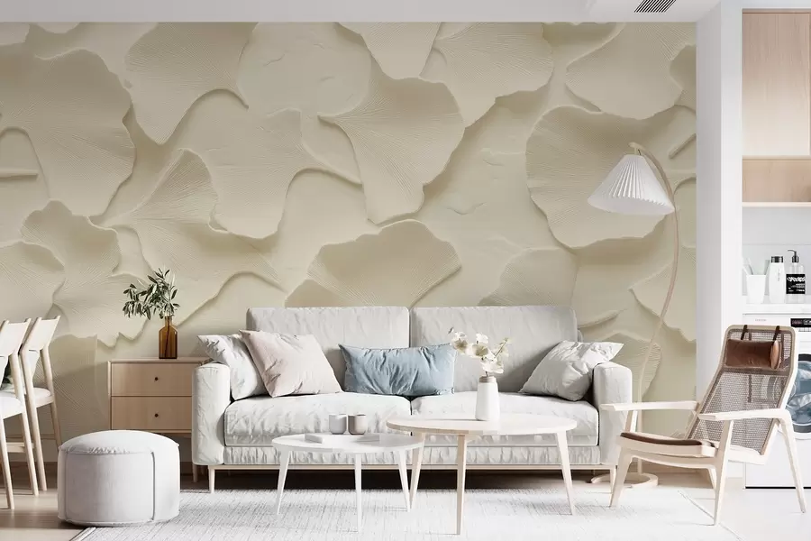 wall murals Штукатура са деликатним утискивањем листова гинка на мекој беж позадини w08560