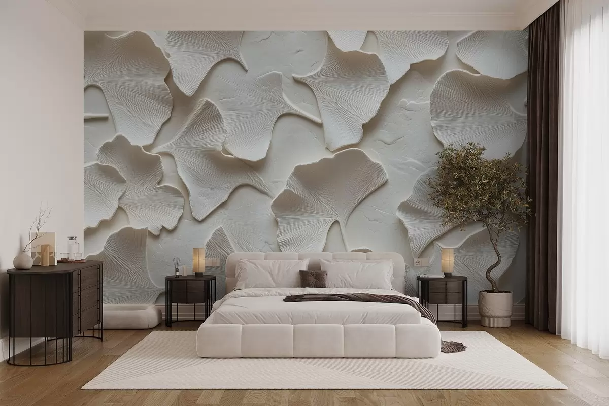 wall murals Штукатура са деликатним утискивањем листова гинка на белој позадини w08560v1