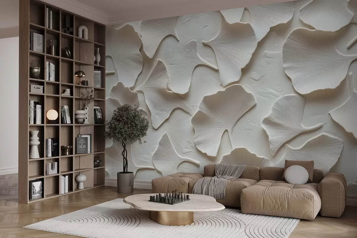 wall murals Штукатура са деликатним утискивањем листова гинка на белој позадини w08560v1