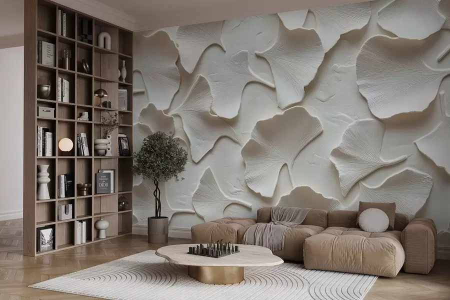 wall murals Штукатура са деликатним утискивањем листова гинка на белој позадини w08560v1